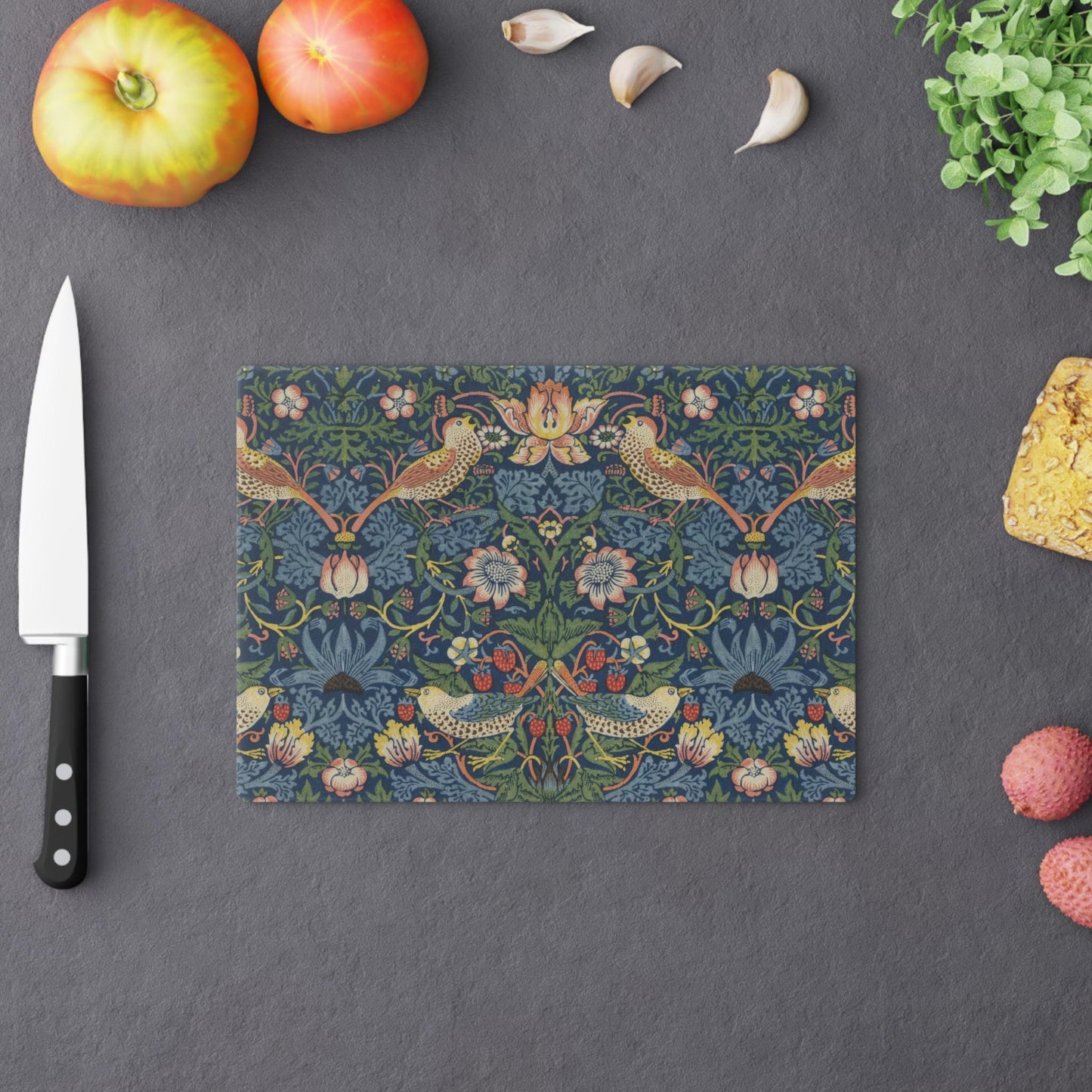William Morris Strawberry Thief Cutting Board: Indigo Tempered Glass Cheese Board