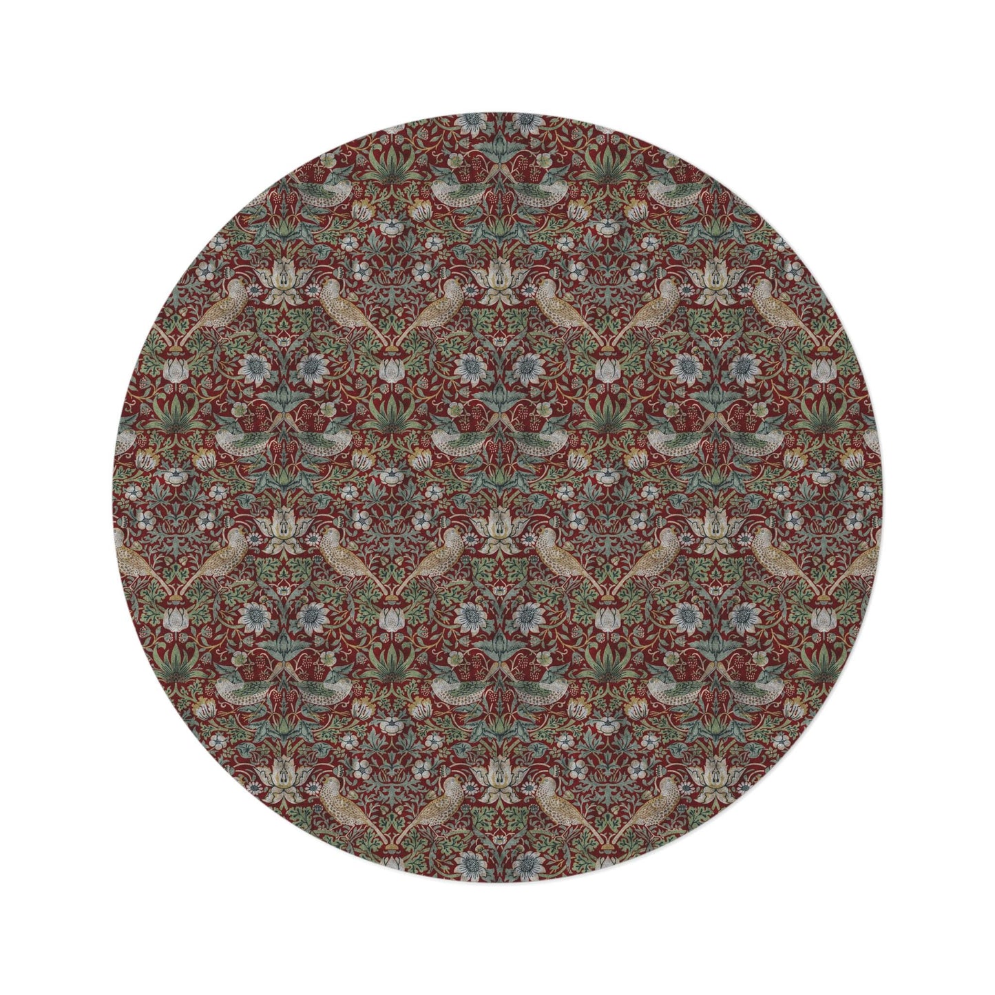 Burgundy Strawberry Thief Round Rug: William Morris Maximalist Decor