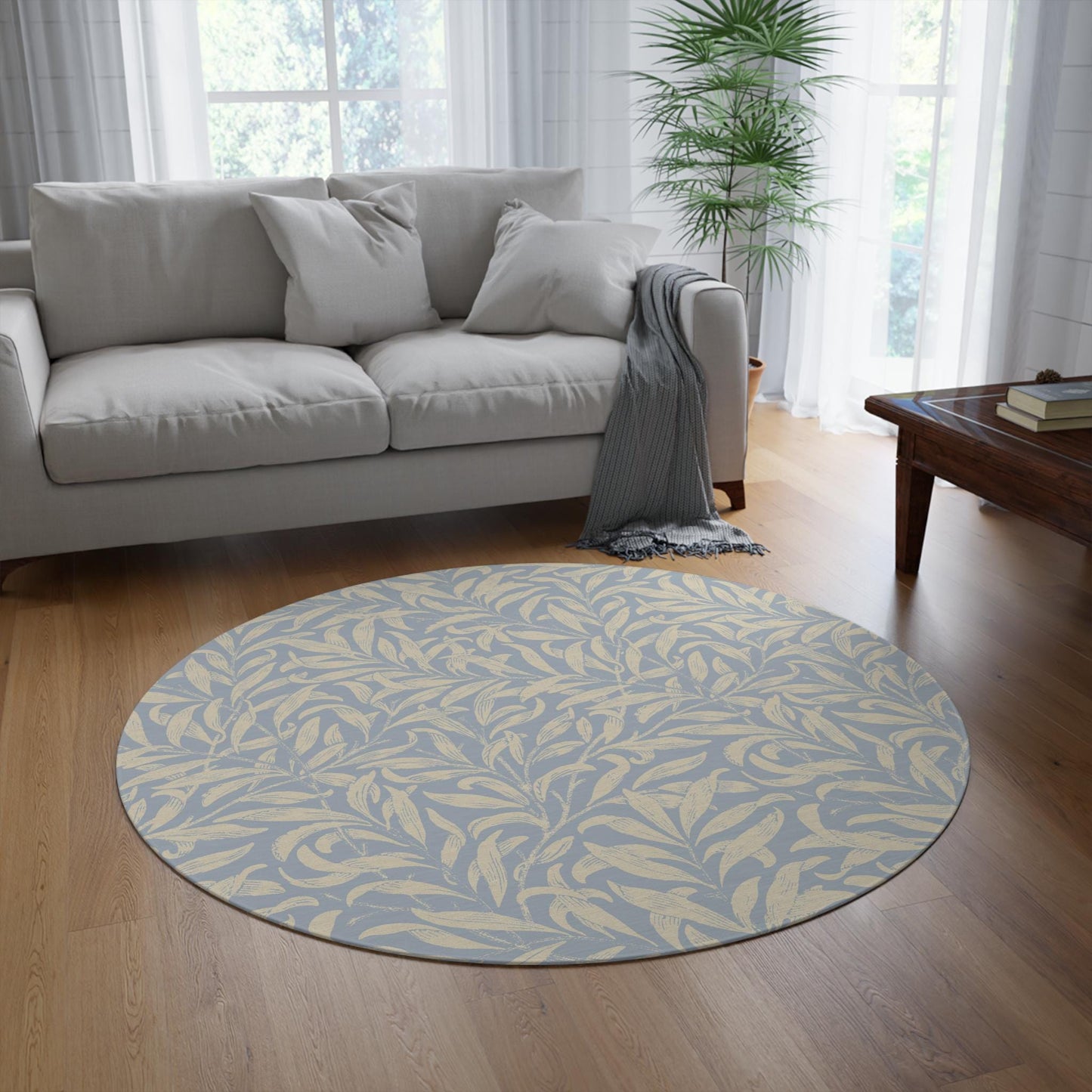 Tan and Slate William Morris Willow Boughs Rug, Round Chenille rug