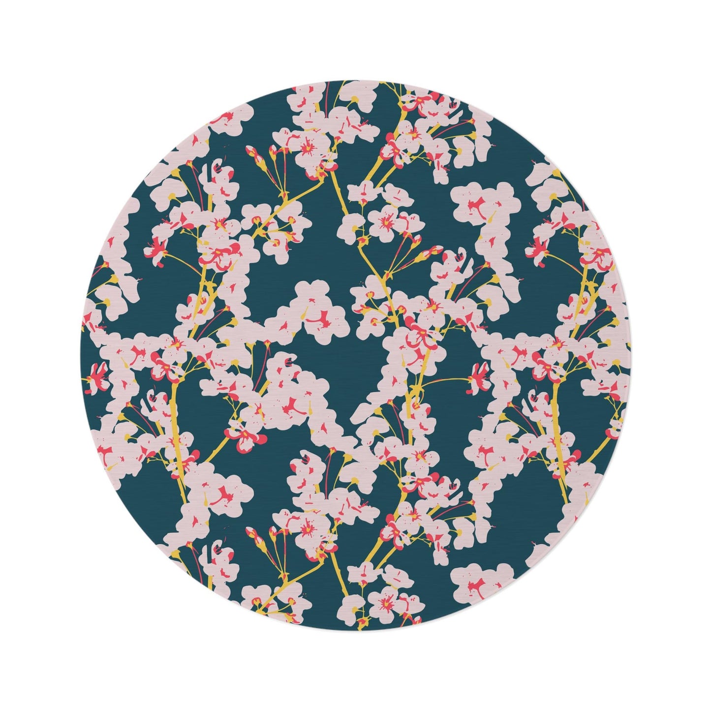 Cherry Blossom Circular Area Rug: Green & Pink Floral Chenille Rug (5x5 ft)