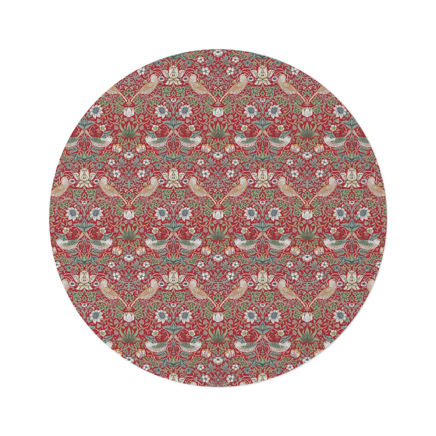 Strawberry Thief Rug, Scarlet Red Design Arts and Crafts William Morris Floral Round Rug