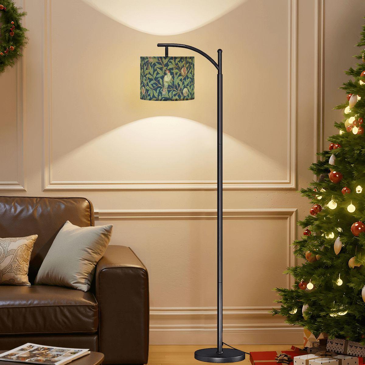 William Morris Arc Floor Lamp: Bird and Pomegranate Shade, Remote, USA Made