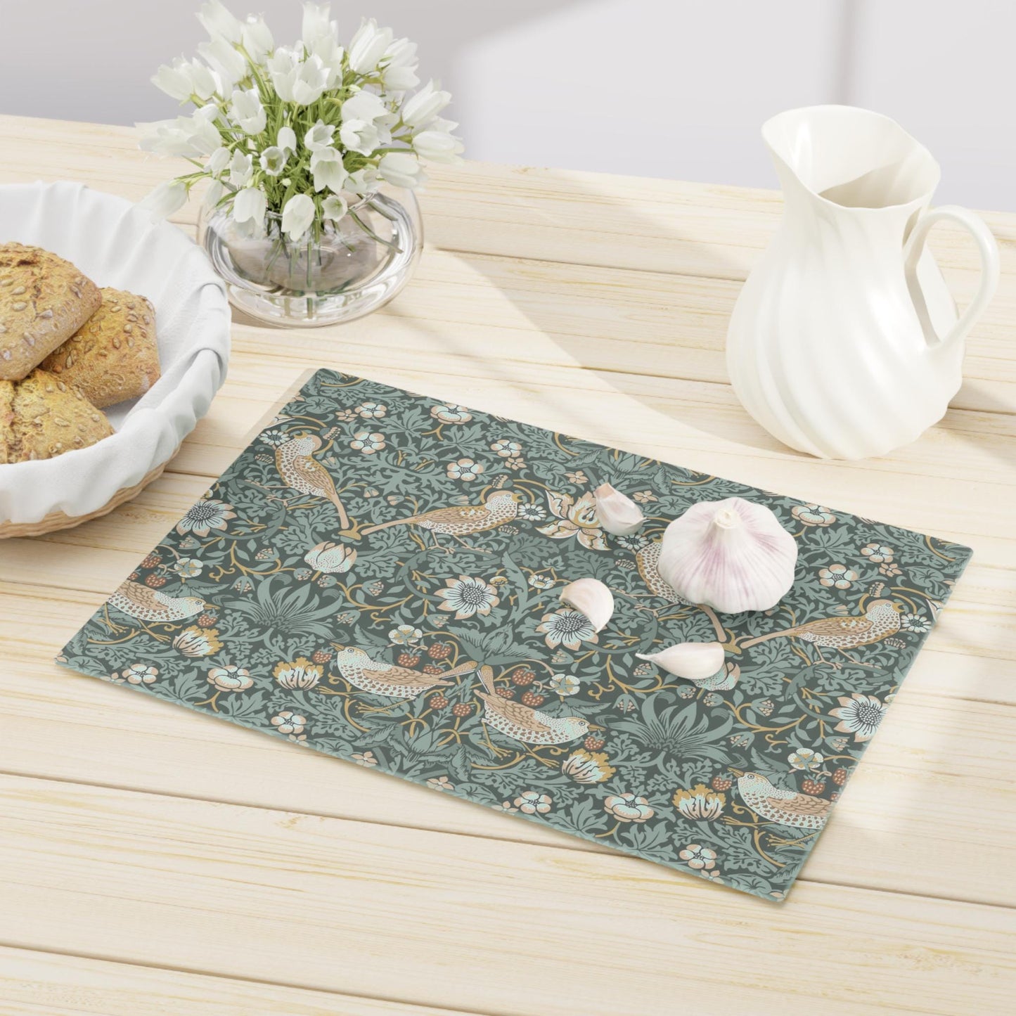 William Morris Strawberry Thief Cutting Board: Teal Tempered Glass Cheese Board
