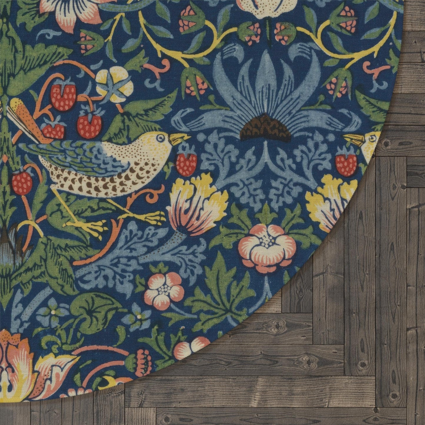 Bold Indigo Strawberry Thief Round Rug,  William Morris Rug, Flat Profile Maximalism MCM Decor