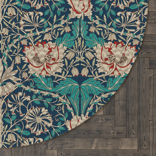 Teal Honeysuckle Rug, William Morris Round Flat Profile Mat Rug, Maximalist Decor