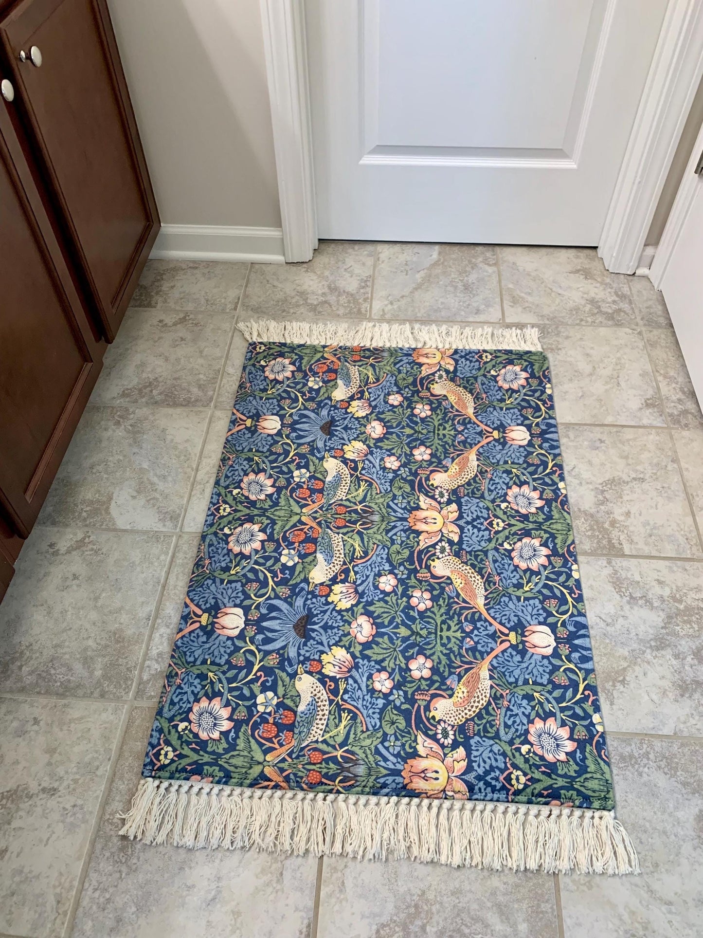 Strawberry Thief Runner Rug: William Morris Deep Blue Kitchen & Bath Mat