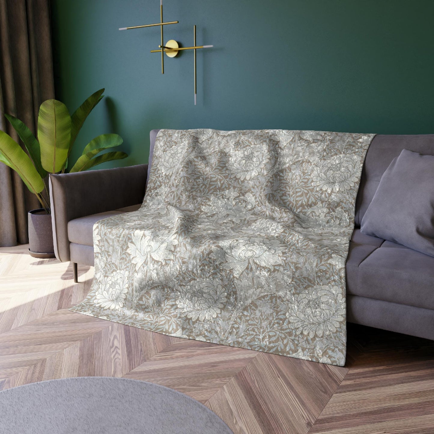 William Morris Chrysanthemum Neutral  Crushed Velvet Blanket