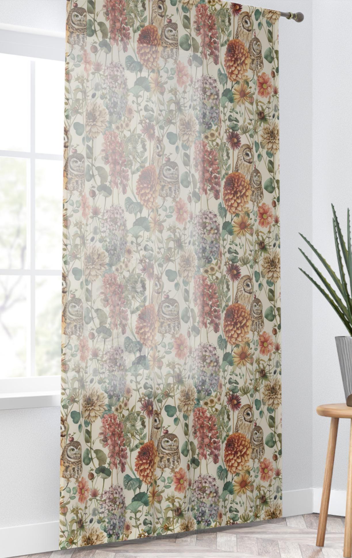 Autumn Floral Owl Sheer Curtain: Cozy Polyester Voile - 50" × 84"