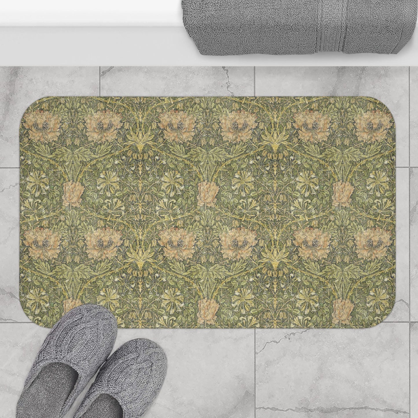 William Morris Bath Mat – Moss Green Honeysuckle Boho Rug