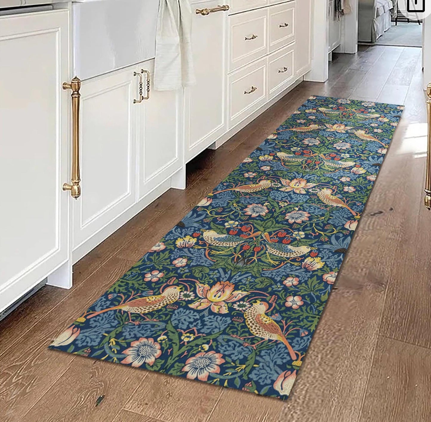 Strawberry Thief Runner Rug: William Morris Deep Blue Kitchen & Bath Mat
