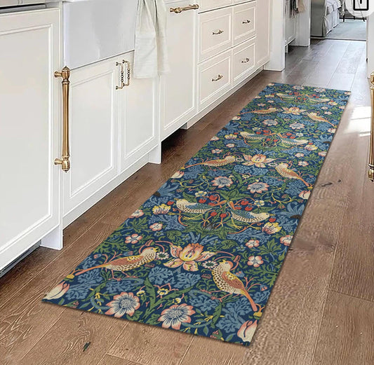 Strawberry Thief Runner Rug: William Morris Deep Blue Kitchen & Bath Mat