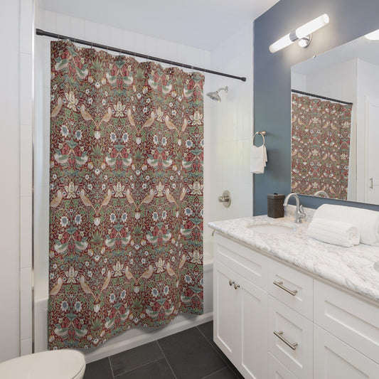 William Morris Red Strawberry Thief Shower Curtain: Vintage Floral Bathroom Decor