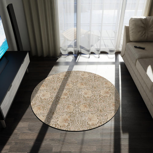 Neutral William Morris Round Rug: Pimpernel Art Nouveau Chenille Rug