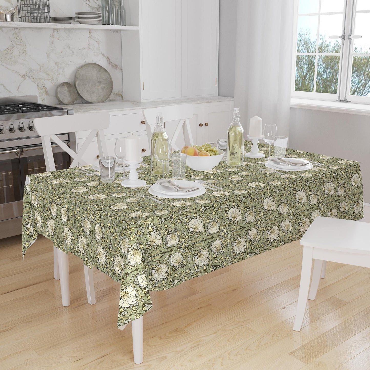 William Morris Pimpernel Tablecloth: Olive Green Cotton Linen Dining Decor