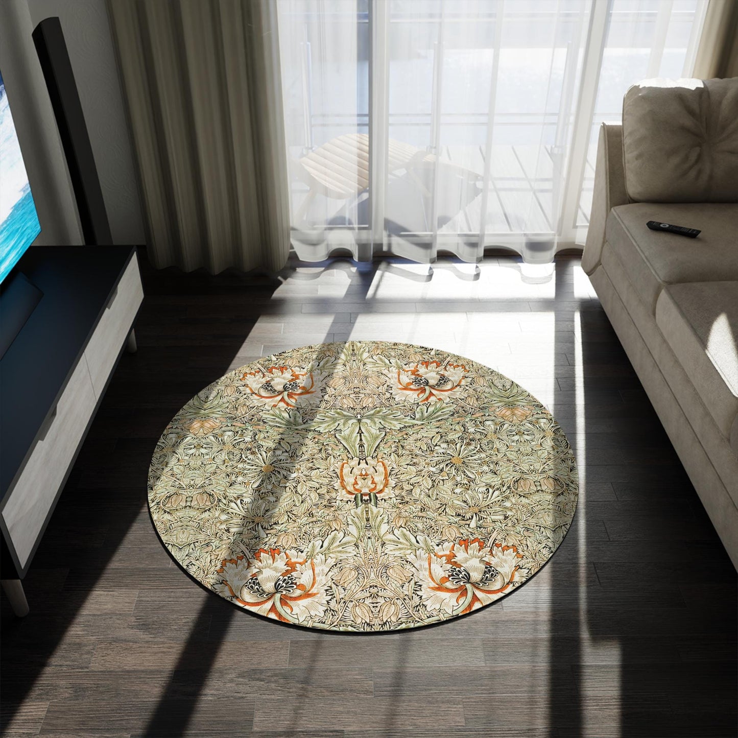 William Morris Round Rug: Honeysuckle Tulip Design, Vintage Style (5x5 ft)