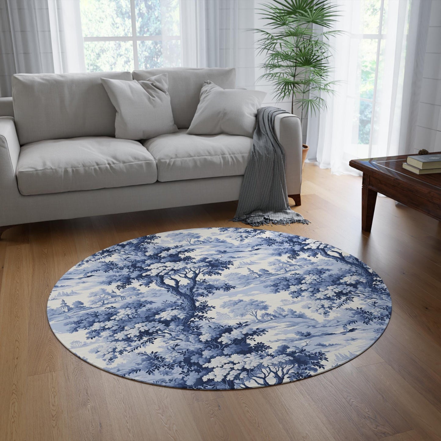 French Country Toile Rug: Blue Chinoiserie Forest, Round Chenille Rug