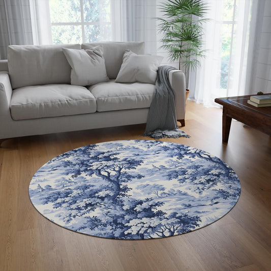 French Country Toile Rug: Blue Chinoiserie Forest, Round Chenille Rug