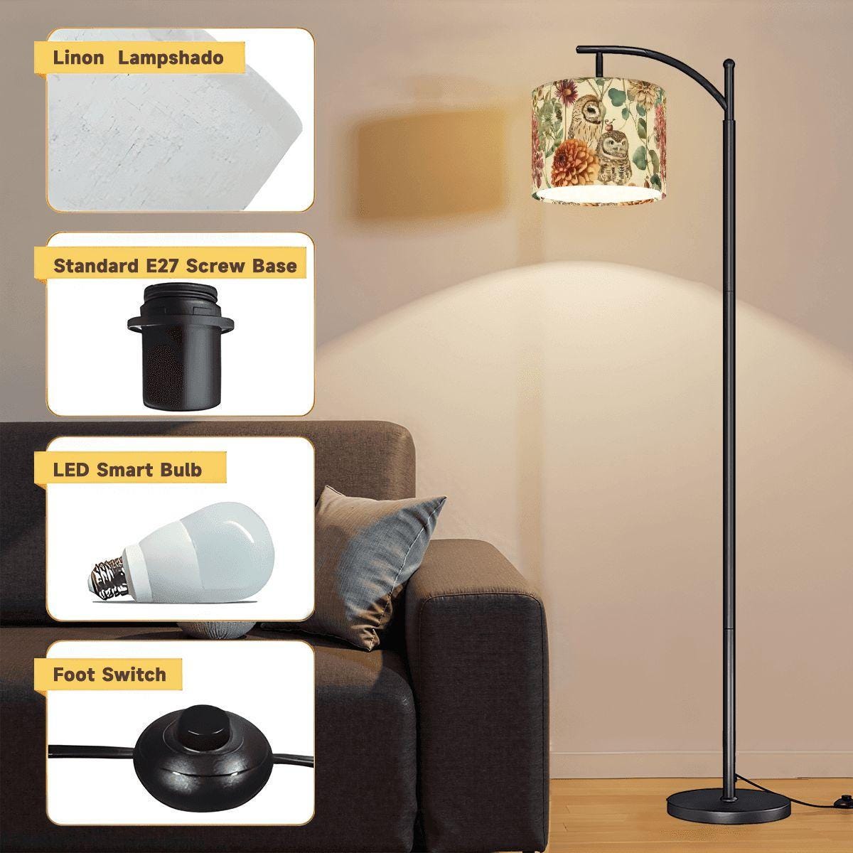 Autumn Owl Floral Arc Floor Lamp (Made in USA) Fabric Shade, Black Metal