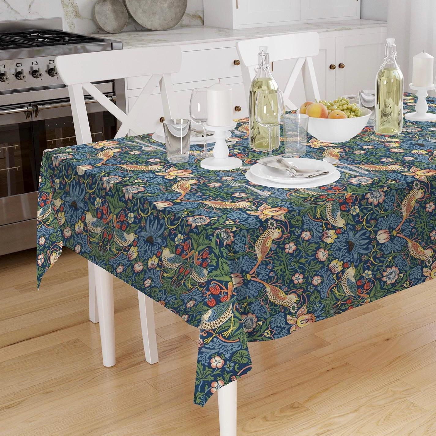 William Morris Strawberry Thief Tablecloth: Indigo Cotton-Linen Kitchen Decor
