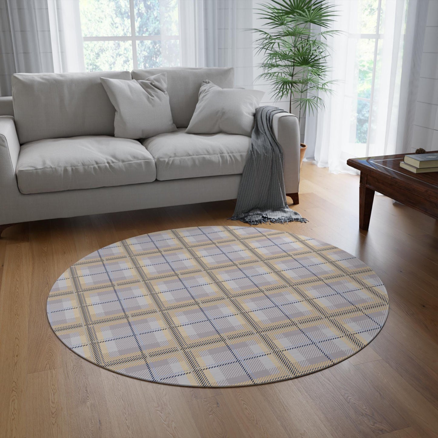 Vintage Style Plaid Chenille Rug: Neutral Lavender Accent Rug