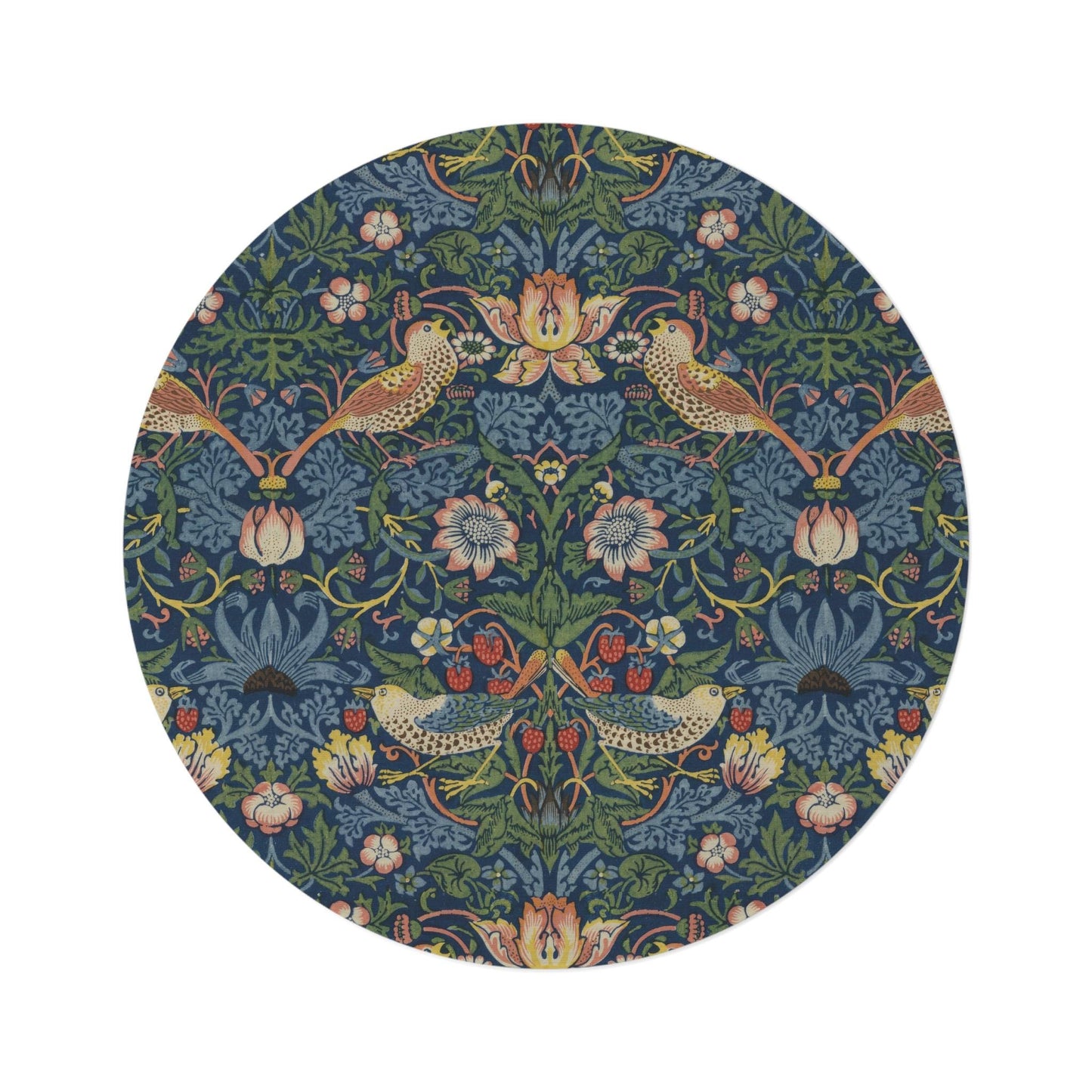 Indigo Strawberry Thief Round Mat, William Morris Rug, Maximalism Decor