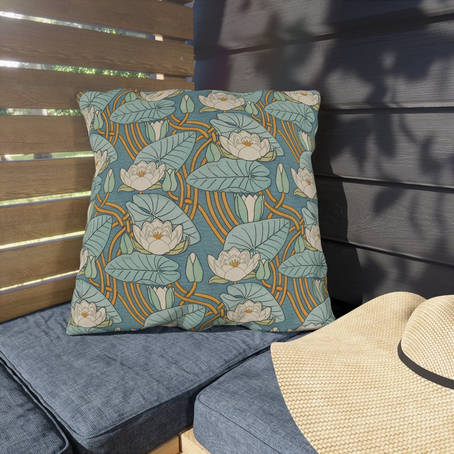 Art Nouveau Water Lily Outdoor Pillow: Verneuil Boho Garden Decor