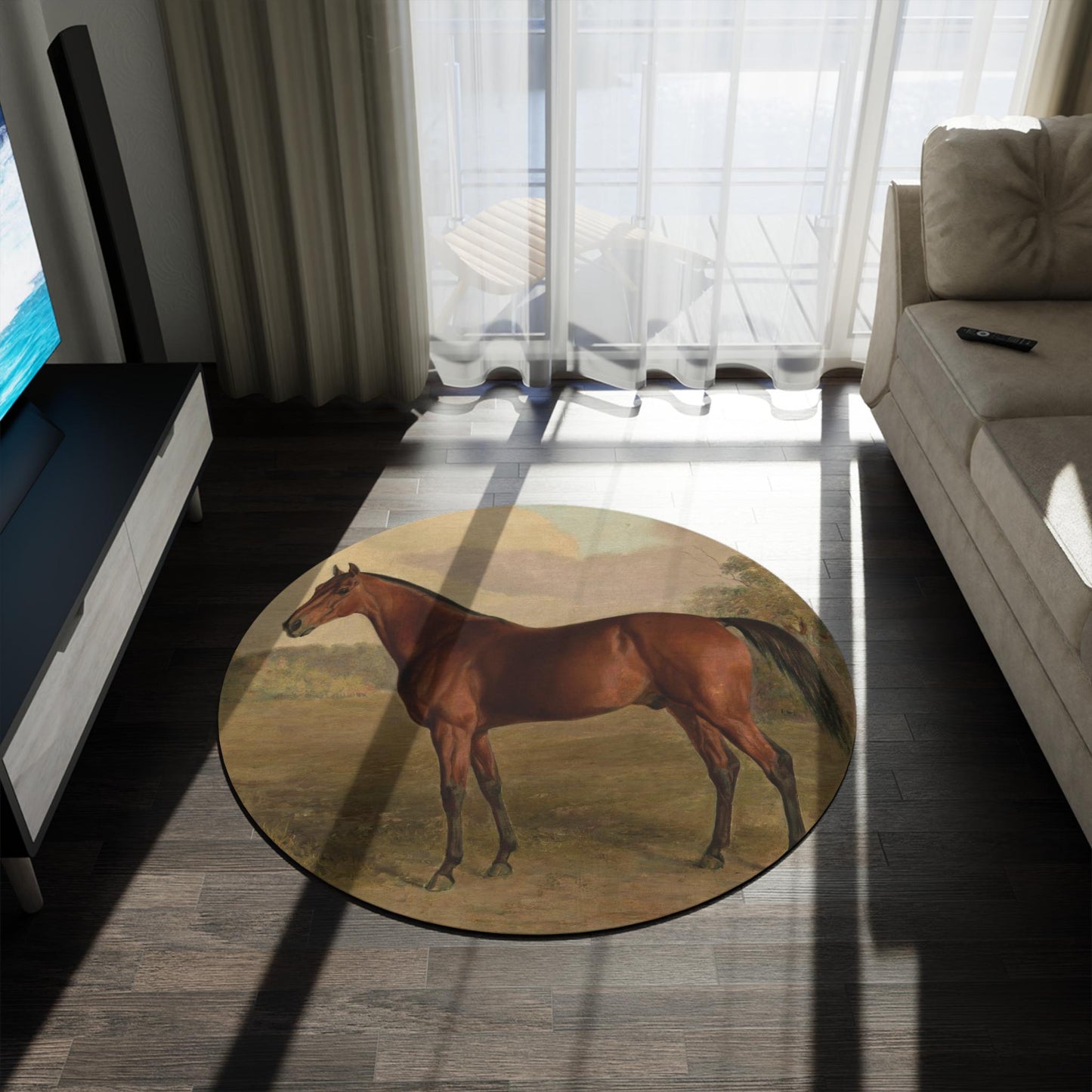 Vintage Horse Round Rug: William Berraud Equestrian Art Carpet
