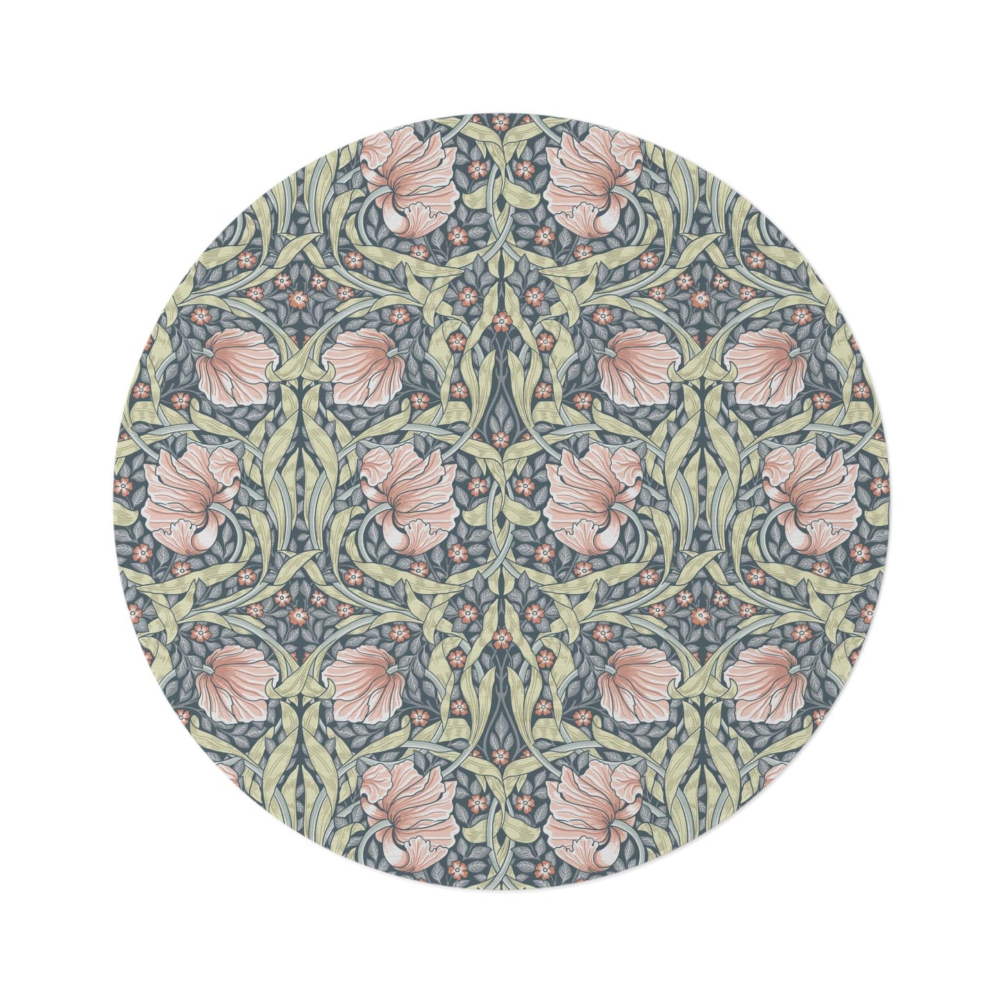 William Morris Floral Round Rug: Salmon Pink Pimpernel Art Deco Mat