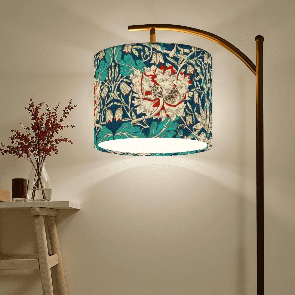 William Morris Arc Floor Lamp (Made in USA) Green and Navy Honeysuckle Large Floral