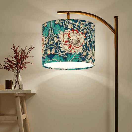 William Morris Arc Floor Lamp (Made in USA) Green and Navy Honeysuckle Large Floral