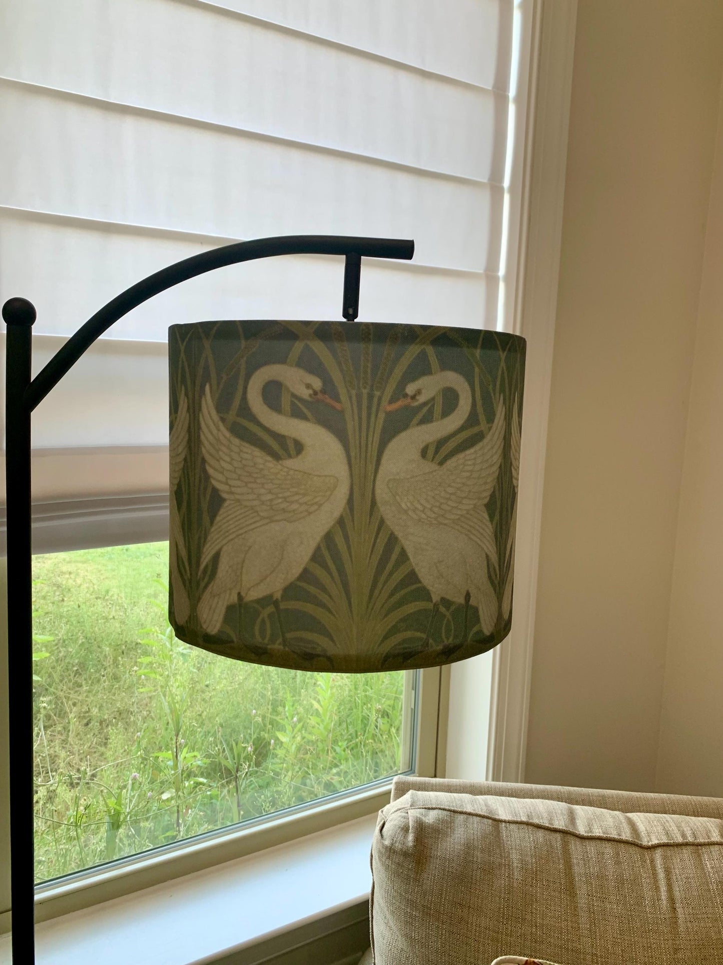 Art Nouveau Swan Arc Floor Lamp: Walter Crane Design, Fabric Shade, Made in USA