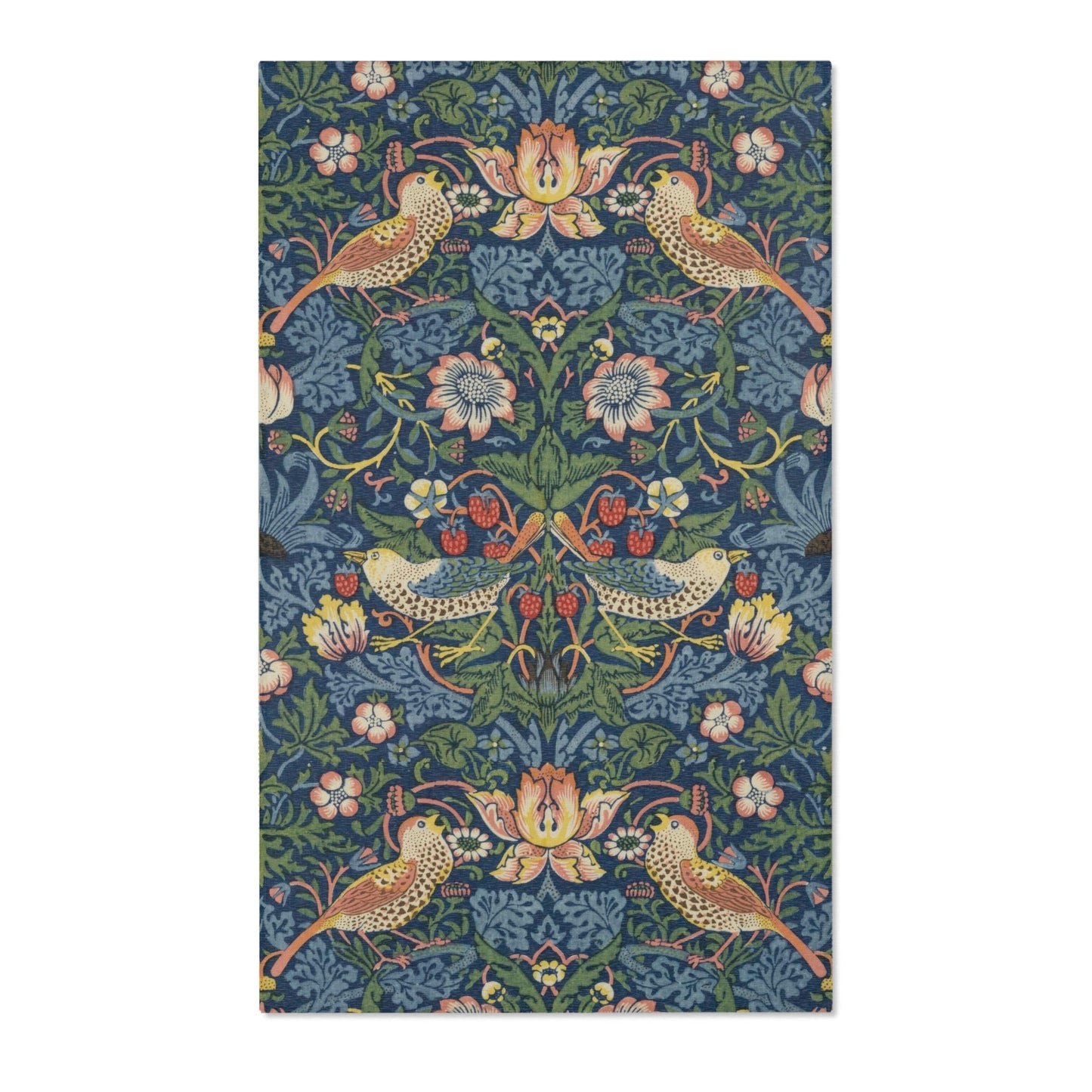 Strawberry Thief Indigo Rug, Flat Profile, Large William Morris Rug in Blue and Green