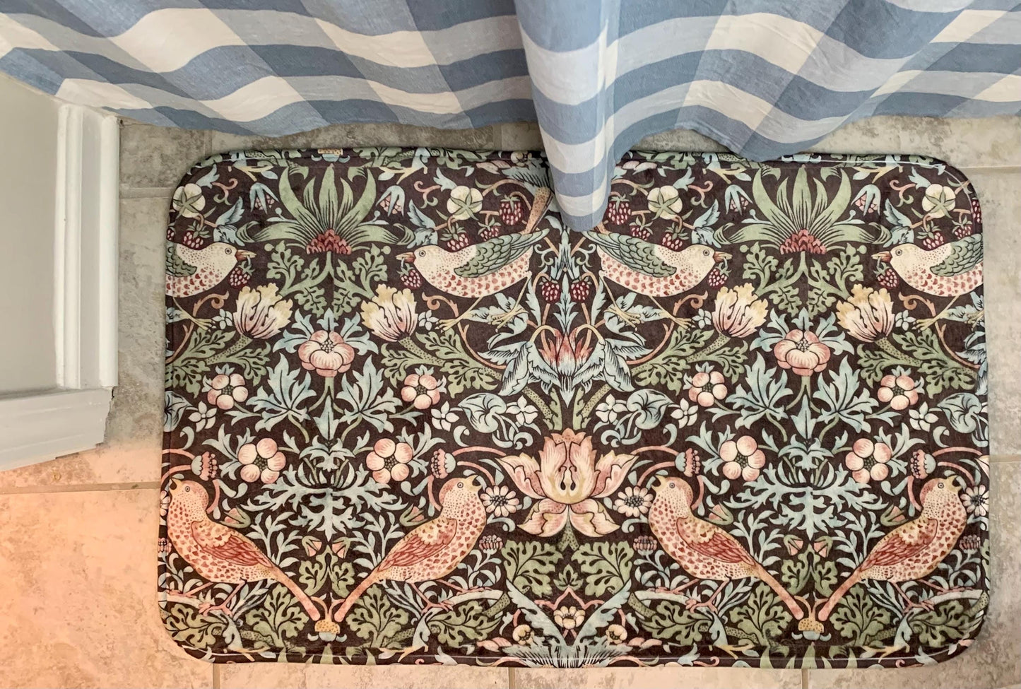 Strawberry Thief Bath Mat, Moddy Floral  William Morris Earthy Floral Microfiber Rug