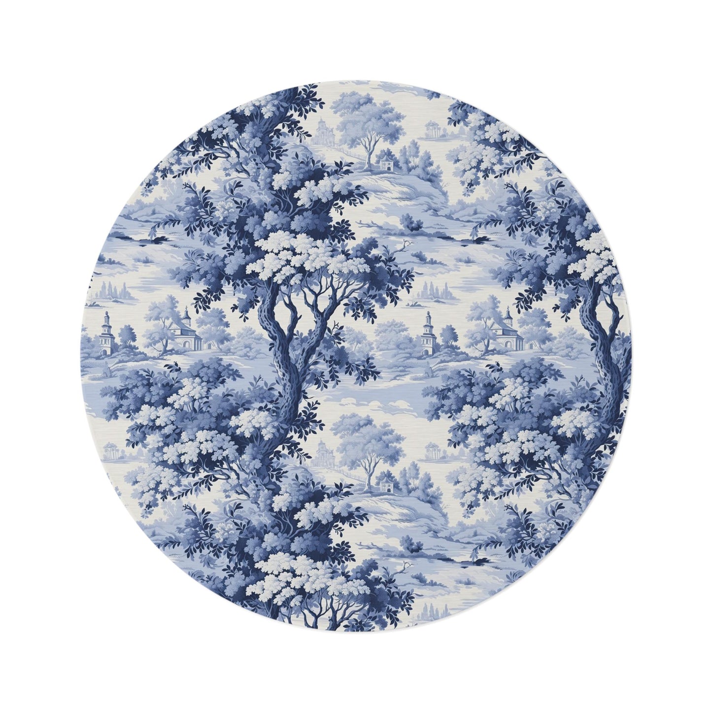 French Country Toile Rug: Blue Chinoiserie Forest, Round Chenille Rug