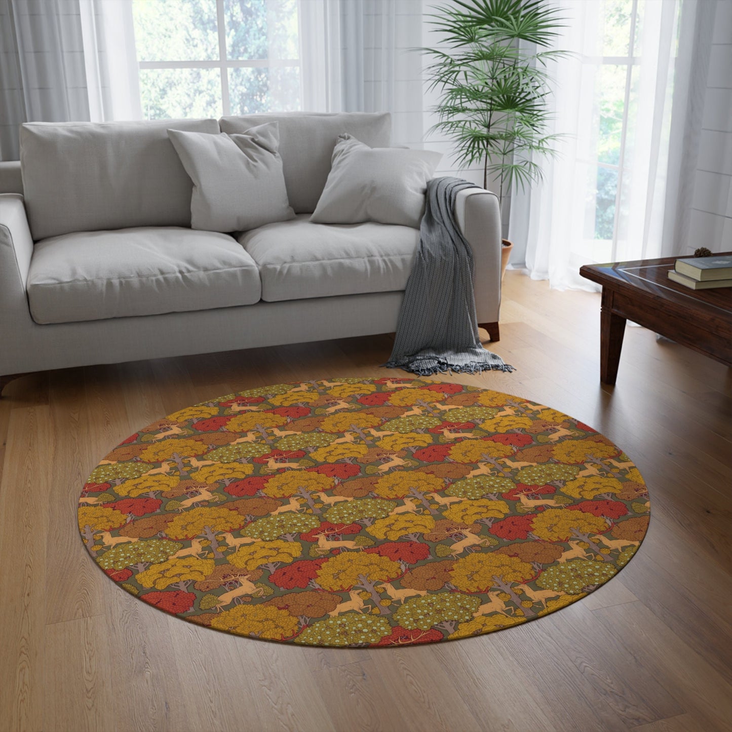 Art Nouveau Deer Round Rug: Maurice Pillard Verneuil Design, 5x5 Lodge Cabin Decor
