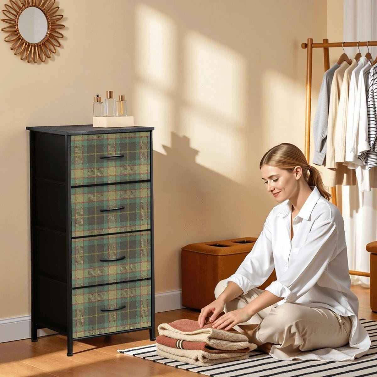 4-Drawer Dresser, Blue Green Tartan Plaid Fabric Drawers