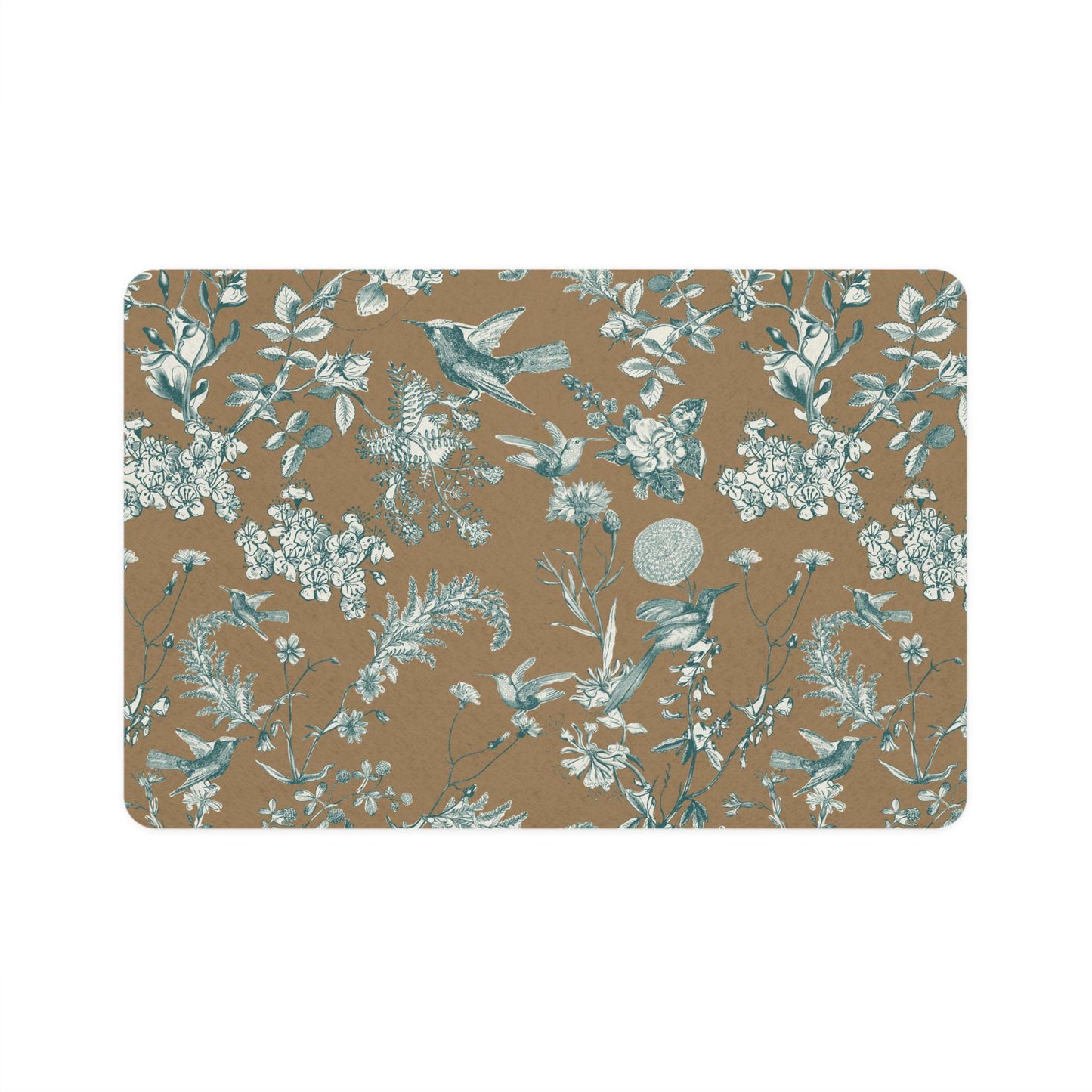 Hummingbird Toile Pet Mat: French Country Green and Brown Floral Food Mat (12x18)