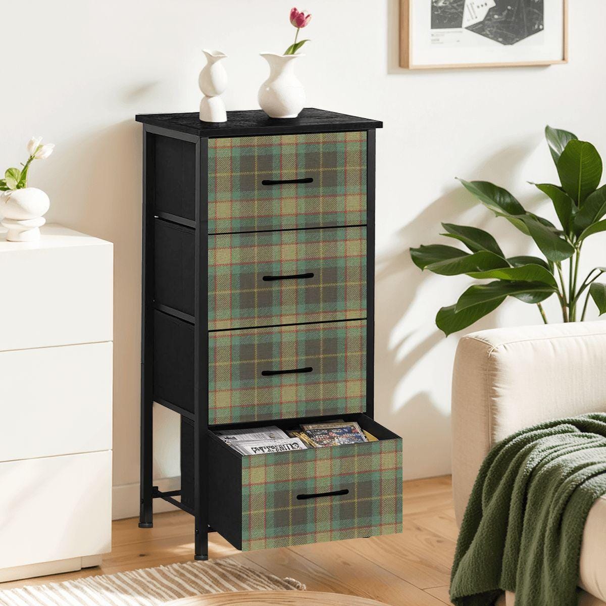 4-Drawer Dresser, Blue Green Tartan Plaid Fabric Drawers