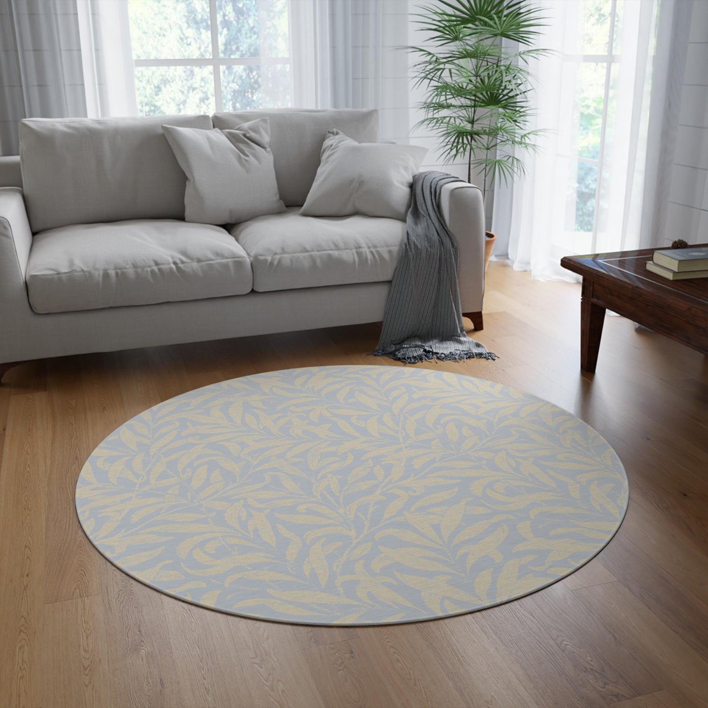 Pale Slate and Tan Willow Boughs Rug, William Morris Round Chenille rug