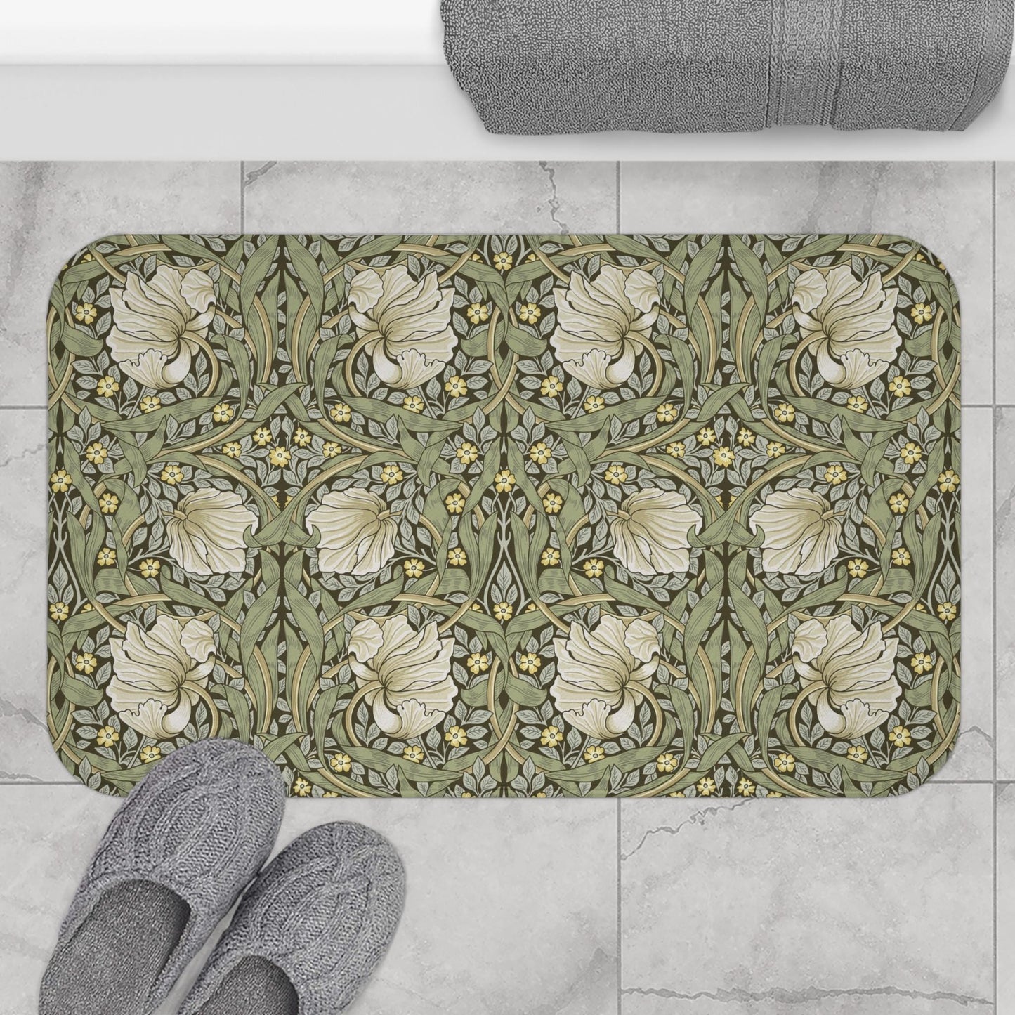 Soft Olive Pimpernel Bath Mat - Luxury William Morris Design, Microfiber Rug