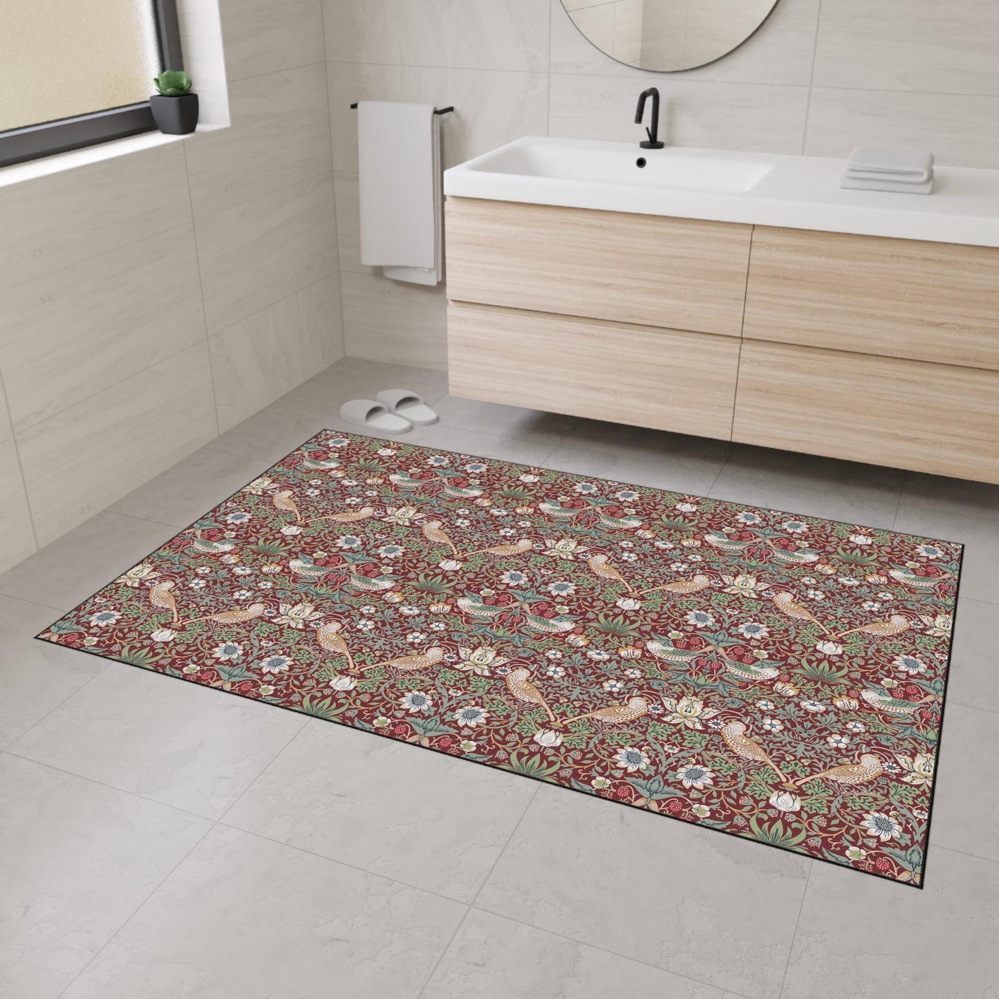William Morris Strawberry Thief Mat: Burgundy Red Maximalist Rug