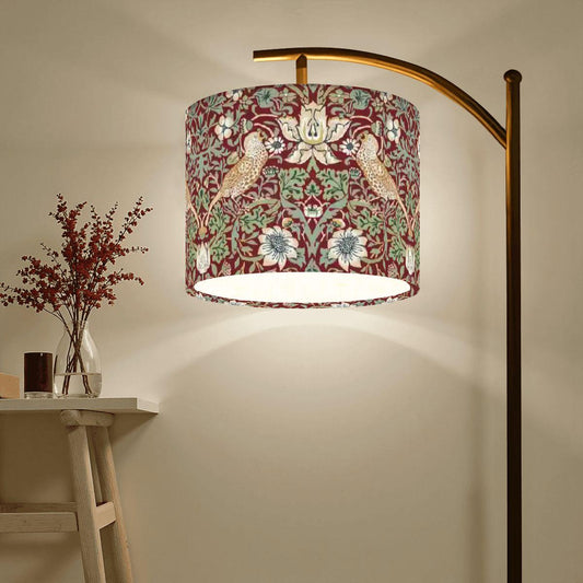 William Morris Arc Floor Lamp: Red Strawberry Thief Fabric Shade