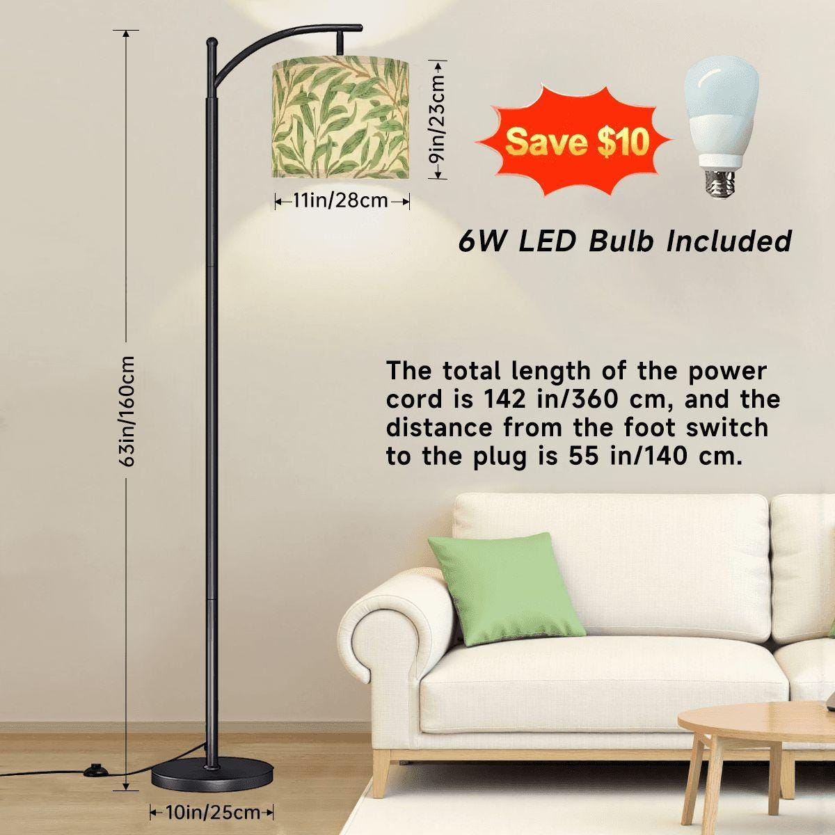 William Morris Arc Floor Lamp, Sage Green Willow Boughs Shade