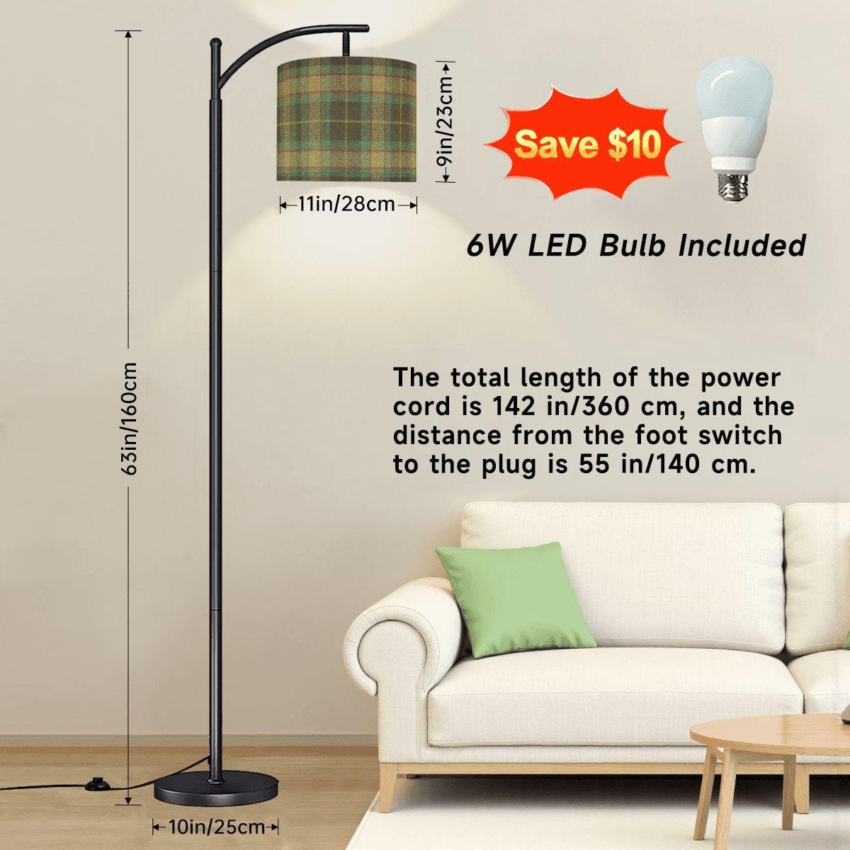 English Plaid Arc Floor Lamp, Blue Green Fabric Shade, Black Metal, Remote, Moody MCM