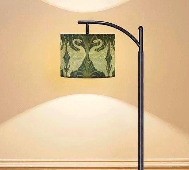 Art Nouveau Swan Arc Floor Lamp: Walter Crane Design, Fabric Shade, Made in USA