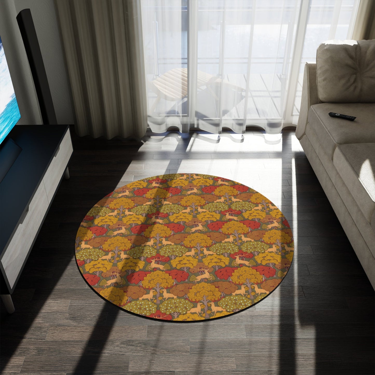 Art Nouveau Deer Round Rug: Maurice Pillard Verneuil Design, 5x5 Lodge Cabin Decor