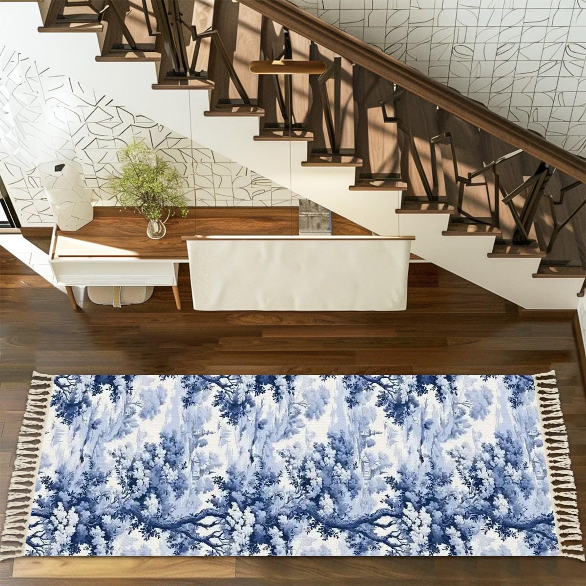 French Country Toile Runner Rug: Silky Blue Chinoiserie, Eco-Latex Backed