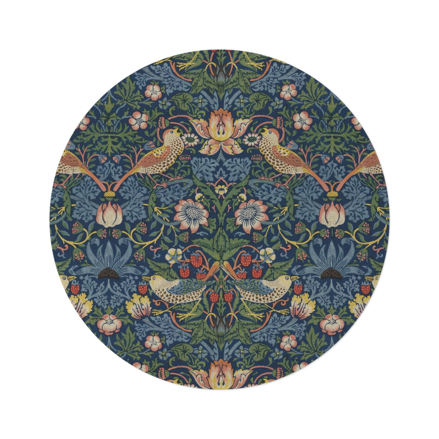 Bold Indigo Strawberry Thief Round Rug,  William Morris Rug, Flat Profile Maximalism MCM Decor