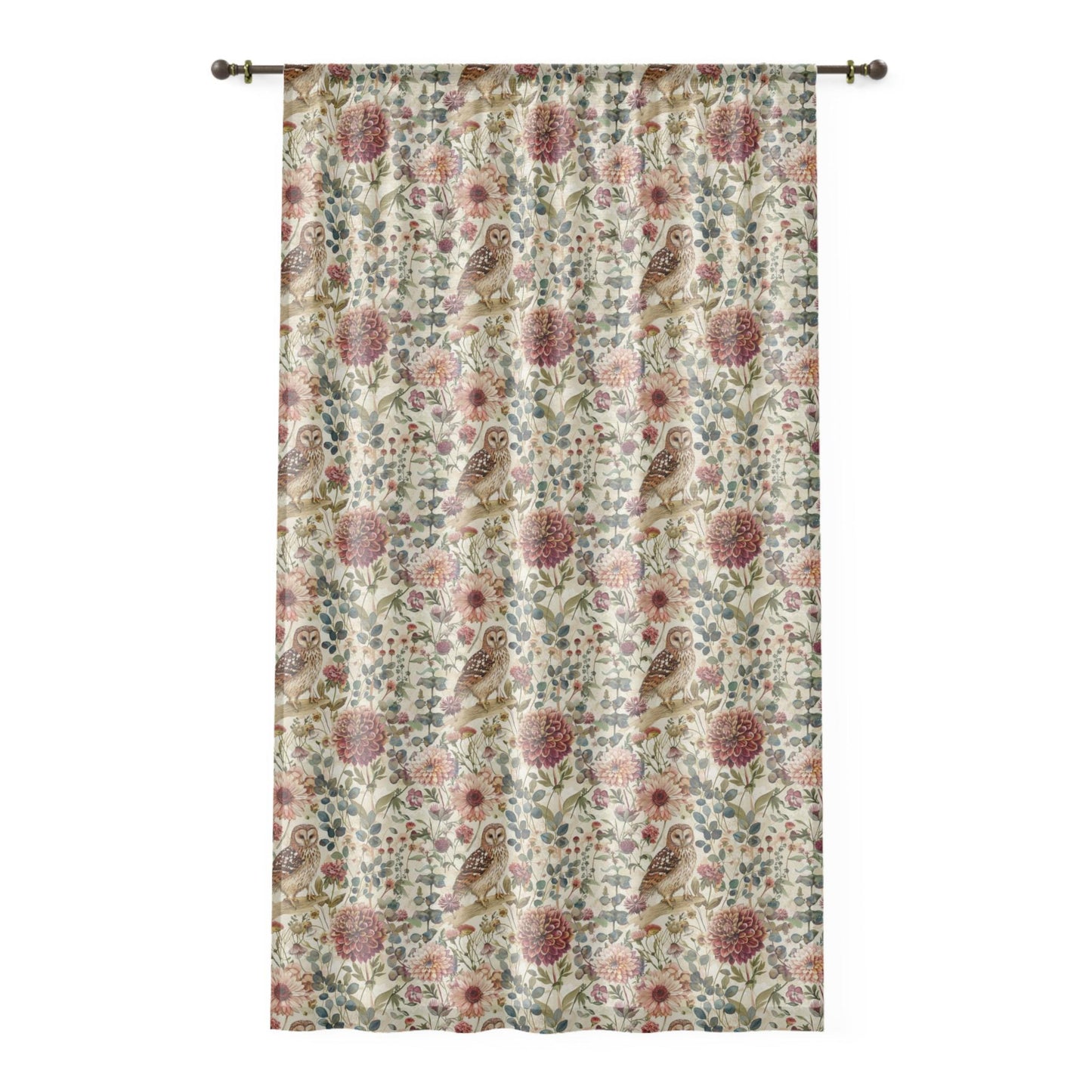 Autumn Floral Owl Sheer Curtain: Farmhouse Style Voile Drape