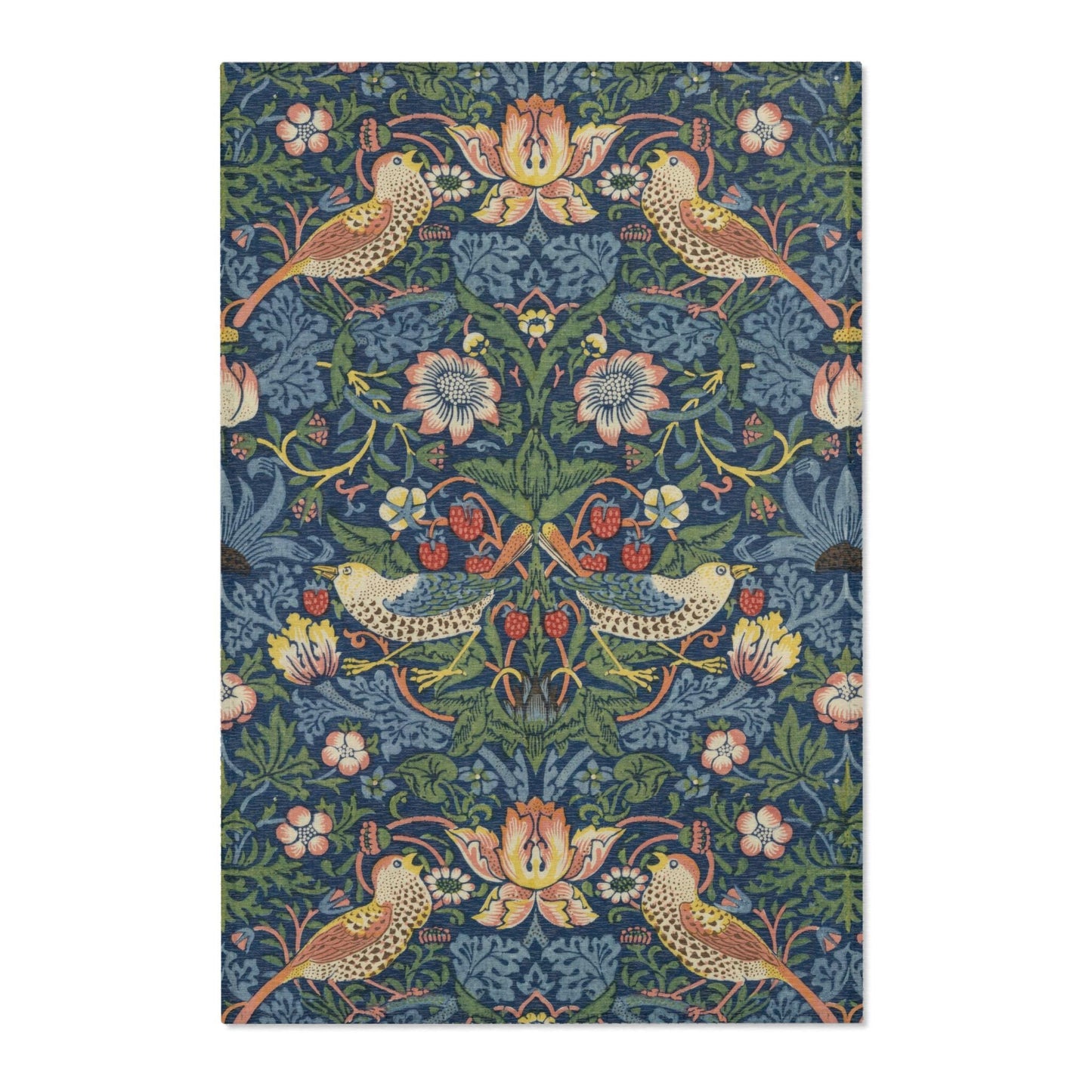 Strawberry Thief Indigo Rug, Flat Profile, Large William Morris Rug in Blue and Green